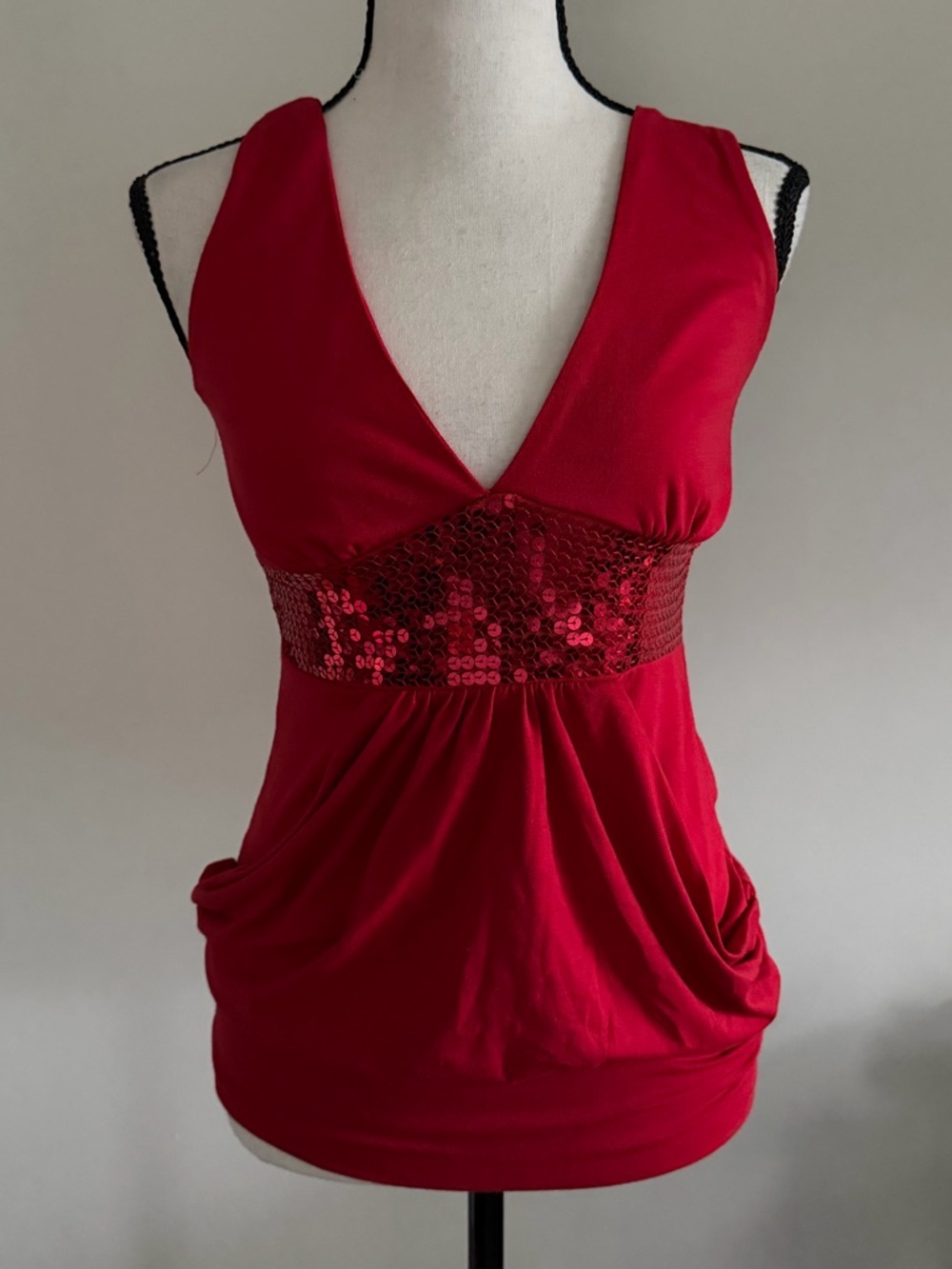 Red Sequin-Trim V-Neck Tank Top